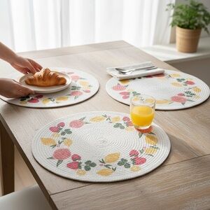 Wonder Dwellery, set of 4 Colorful Fruit woven placemats, round 15” NWT